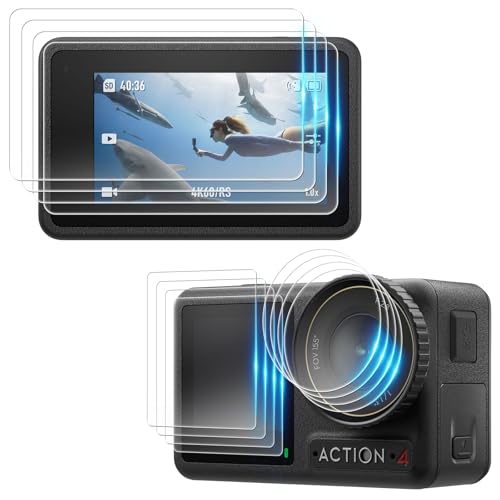 Simpeak 4 Set Schutzglas Kompatibel mit DJI Osmo Action 4, Objektivschutz Vorder Displayschutzfolie Rückseite Schutzfolie Combo Zubehör, 9H Hartglas Temperat Glas Folie Kratzfest Bläschenfrei