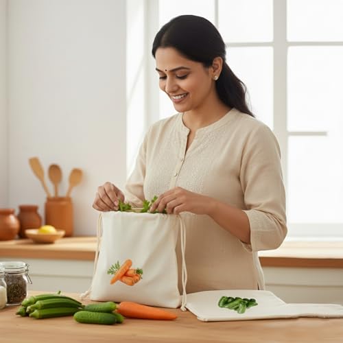 Image of Cotton Vegetable Bags for Fridge | Reusable Vegetable Storage Bags | Breathable Cloth Vegetable Cover | Eco Friendly Fridge Organizer | 12x12 Inch | Pack of 10 (DRAWSTRINGS CLOSER PACK OF 10)