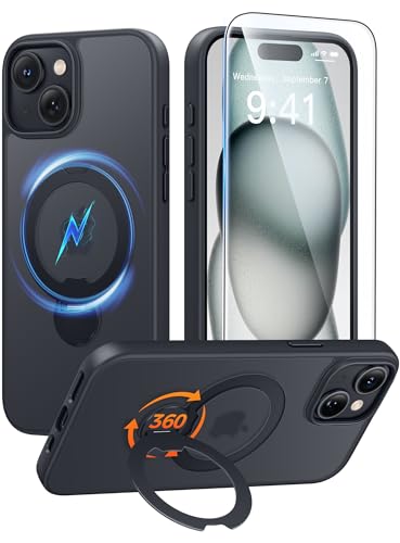 Image of FNTCASE for iPhone 15 Plus Case: iPhone 14 Plus Phone Case [360 Spin Magnetic Stand] [Compatible with Magsafe] [Screen Protector] Translucent Matte Military Grade Shockproof Phone Cover - Black