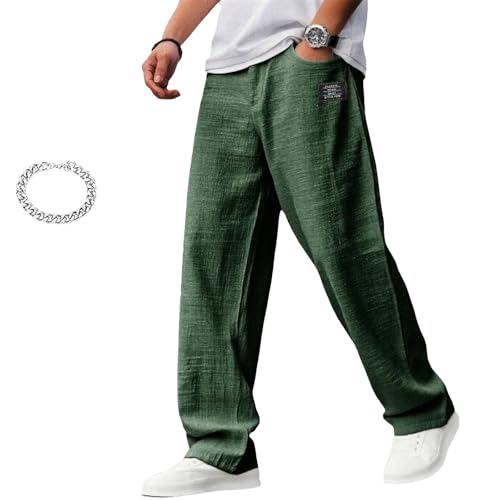 Mens Cotton and Linen Pants Fall Casual Hemp Fabric Embroidered Logo Loose Elastic Waist with Pocket Trousers2