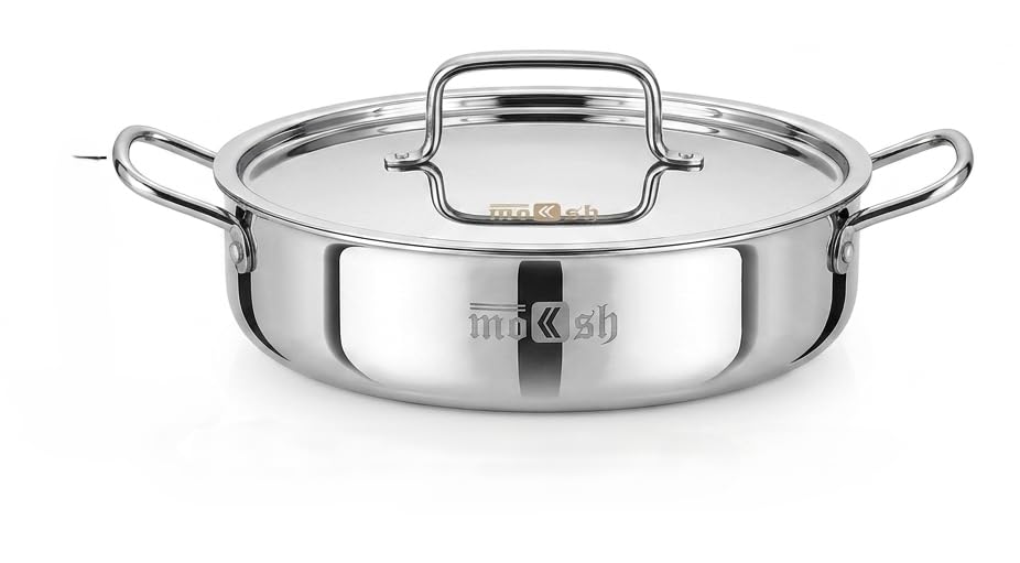 Moksh Triply Stainless Steel Cook & Serve (24 CM - 3 LTR) | Shallow Biryani Pan / Stew Pot / Patila Handi / Langdi / Lagdi With Stainless Steel Lid (Induction & Gas Friendly)-image-35