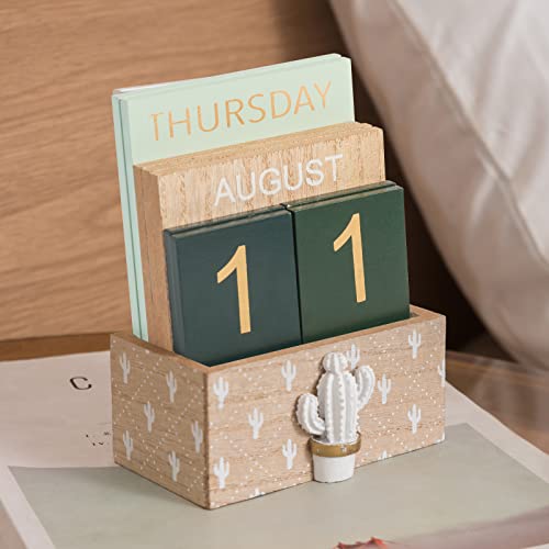 Perpetual Desk Calendar, Wooden Calendar Vintage Office Supplies Block Home Office Aesthetic Boho Desk Accessories Green Cactus Decor Gift — view 2