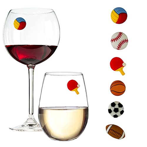 Simply Charmed Sports and Games Magnetic Wine Glass Charms - Volleyball Basketball Ping Pong Baseball Football and Soccer Charms Set of 6 Drink Markers