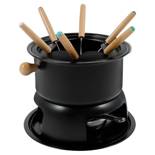 Fondue Set Black Carbon Steel Fondue Pot for Cheese Chocolate & Meat Includes 6 Forks & Adjustable Burner & Splash Protector Suitable for All Hobs Food Warmer