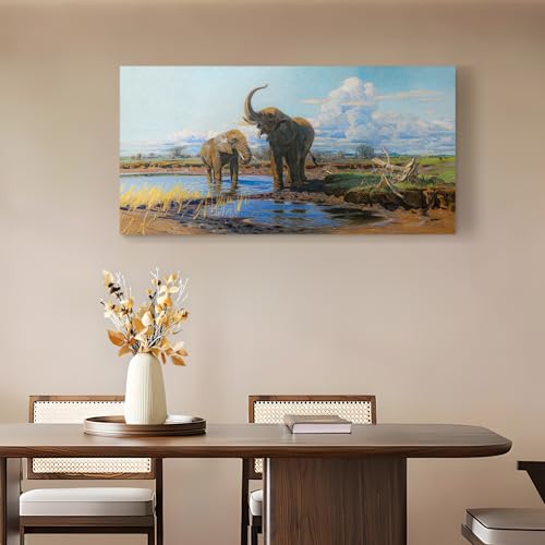 SERIMINO Large Wall Art for Living Room, Animal Elephants Vintage Wall Decor, Grassland Landscape Canvas Prints Paintings, Retro Pictures Home Decor for Bedroom, Farmhouse Bathroom Decor, 24x48 Inch