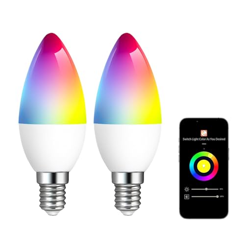 Smart Bulb E14,Alexa Light WiFi LED Candle Bulbs C37 Dimmable 2700K-6500K RGB Warm White Cool White LED with Music Sync DIY 16 Million Colors Works with Alexa Google Home App No Hub Required 2 Pack