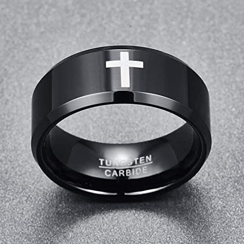 Cross Ring for Men 8mm/10mm Tungsten Wedding Bands Christian Rings with Beveled Edges Comfort Fit Size 7-123