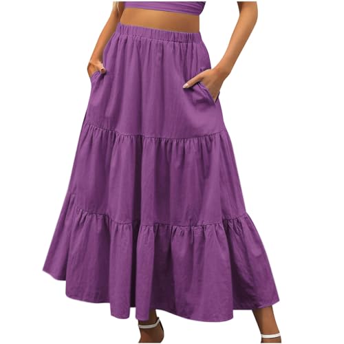 Women's Pleated Skirts Casual Solid Ruffle Hem Vacation Skirt Midi Going Out Simple Skirts Comfortable Fit Vintage