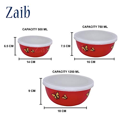 Image of Zaib Stainless Steel Microwave Safe Euro Mixing Bowl Set with Lid | Pack of 3 (14cm,16cm,18cm) | 500ml, 750ml, 1250ml | Snap-Fit White Lid (Red Butterfly 3)