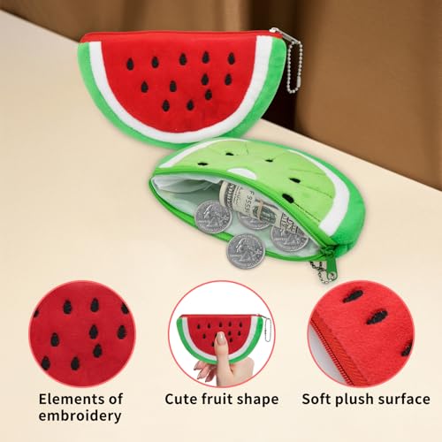 AfitLulu 2pcs Change Purse, Cute Plush Cartoon Watermelon Shape Coin Purse with Keychain for Women and Girls (Green+Red)
