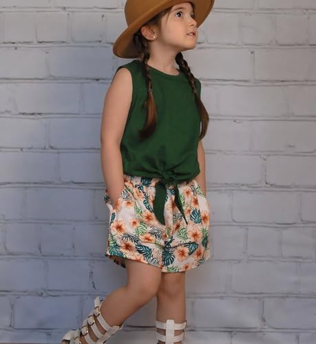 Image of Arshiner Girls Summer Outfits Hawaiian Shirt Beach Kids Clothes Spring Green Tanks Floral Leaf Short Sets Size 6