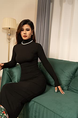 Memoriesea Women's Basic Turtleneck Long Sleeve Ribbed Bodycon Fall Slim Solid Maix Pencil Dress4