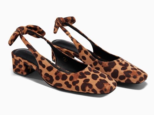 Image of Coutgo Womens Chunky Low Heels Bow Slingback Pumps Closed Square Toe Wedding Party Dress Shoes