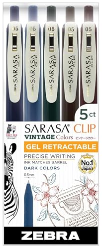 Zebra Pen Caneta de gel retrátil Sarasa Clip cores vintage, ponta fina, 0,5 mm, cores sortidas escuras, pacote com 5 (47455)