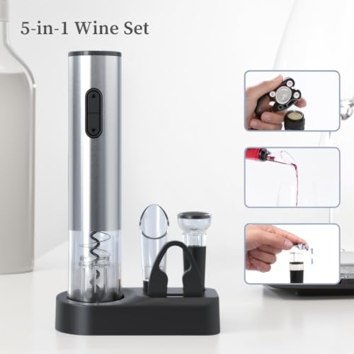 Image of PEIPU Electric Wine Opener Set, Battery Operated 5-in-1 Wine Gifts for Wine Lovers with Storage Base, Foil Cutter, Wine Aerator Pourer & Vacuum Stoppers, Silver