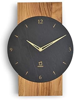 Natuhr Schiefer Wanduhr - Watzmann - Holz Eiche Stein geräuscharm Wohnzimmer Holzuhr Made in Germany (Dunkler Schiefer - Eiche geölt, Funk-Uhrwerk)