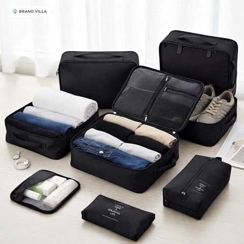 Image of BRAND VILLA 7 Pcs Travel Organizer Set Packing Cubes Luggage Organizer Bags with Shoe Bag, Laundry Pouch & Toiletry Bag for Clothes, Shoes, Accessories, Lightweight Travel Storage for Suitcase (Black)