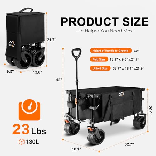 Collapsible Folding Wagon Cart Heavy Duty Foldable, Beach Wagon with Big Wheels for Sand, Utility Grocery Wagon with Side Pocket and Brakes for Camping Sports Outdoor Activities, Black - Image 7