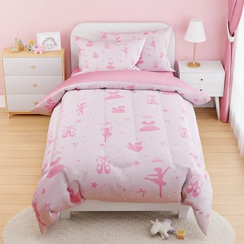 Image of SANDJEST Ballerina Comforter Set Full Size 98x86in for Kids Girls, Microfiber 4 Pcs Bedding Set Includes 1 Comforter, 2 Pillowcases, 1 Fitted Sheet, Nursery Room Decor