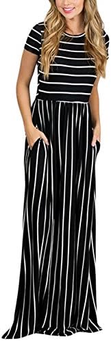 Women's Summer Casual Loose Fshion Striped Maxi Dress Short Sleeve Dress with Pocket