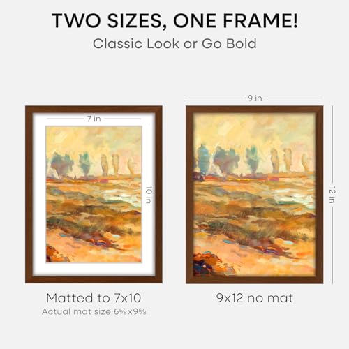 Image of Homeforia 9x12 Brown Oak Picture Frame, High-End Wood, 7x10 Mat, Glass | High End Solid Oak Wood, Tempered Glass, Acid-Free 7x10 Removable Mat, 9x12 Edge-to-Edge Display 12x9, Wall Kit, Set Of 3