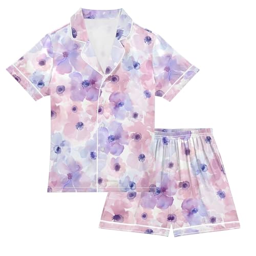 ALAZA Sweet Flower Watercolor Pajamas Satin Pajama Set Short Sleeve Button Down Sleepwear
