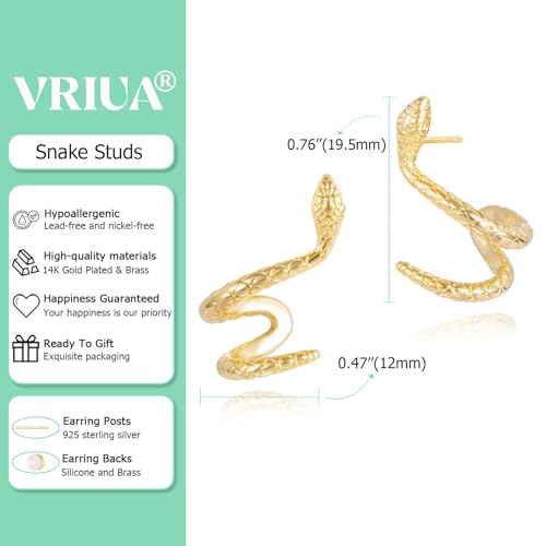 VRIUA Womens Snake Earrings - 14K Gold Plated Serpent Earrings Hypoallergenic Snake Stud Earring Everyday Trendy Jewelry3