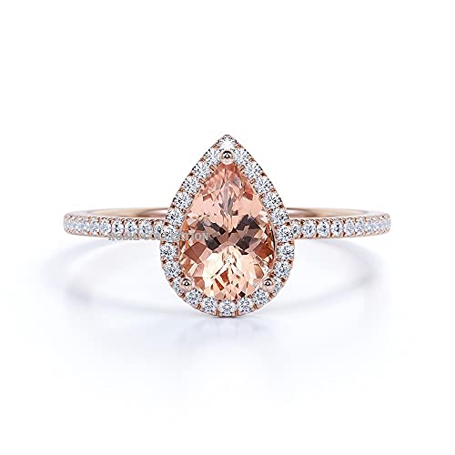Pear Shape Morganite and Simulated Diamond Halo Engagement Ring in Rose Gold Over 925 Silver