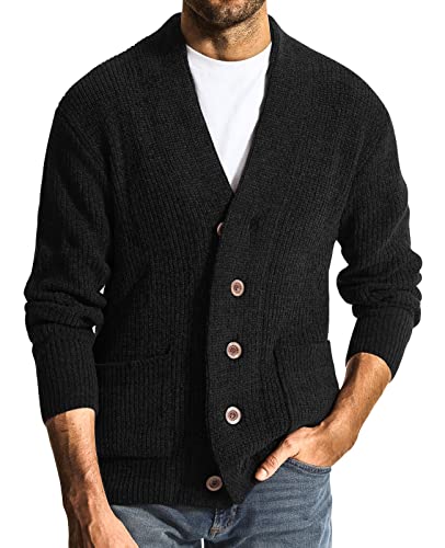 Surenow Mens Shawl Collar Cardigan Sweater Cable Knit Buttons Casual Sweater Fleece Long-Sleeve Chenille Sweater with Pockets