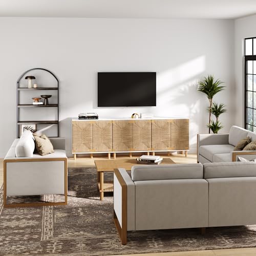 Image of Nathan James Beacon Accent Natural Sideboard Storage Cabinet TV Stand with Adjustable Interior Shelf and Seagrass Doors, for Hallway, Entryway or Dining Room, Light Brown /White, Set of 3