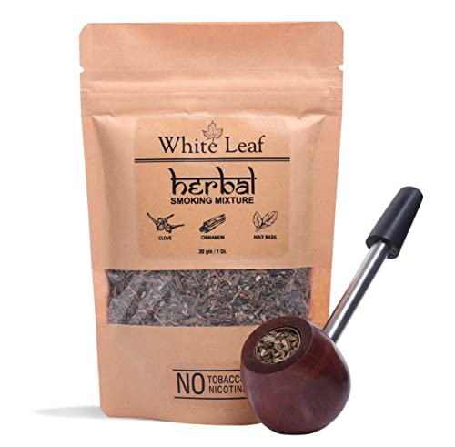 White Leaf Tobacco & Nicotine Free Smoking Mixture with 100% Natural Herbal Smoking Blend 1 Pack (1 Oz/ 30G) with Wooden Steel Pipe