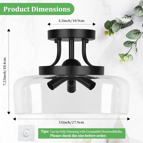 Modern Industrial Semi Flush Mount Ceiling Light with Clear Glass Shade