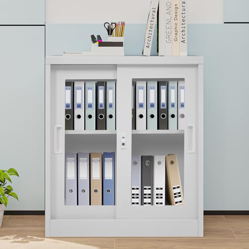 スチール書庫 両開き 書類保管庫 A4対応 高さ90cm 保管庫 可動棚付き 収納 オフィス 業務用 キャビネット スチールキャビネット ベース付き (Lタイプ-中型)