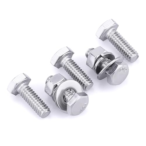 Image of (5 Sets) 1 /2-13 x 1 Hex Bolt and Nut Kit, 304 Stainless Steel (18-8), Fully Threaded, Flat & Lock Washers Included