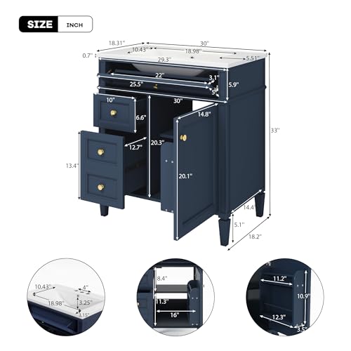 Image of 30-Inch Bathroom Vanity with Ceramic Sink and 3 Drawers & Soft Closing Door,Freestanding Modern Bathroom Storage Cabinet Solid Wood Frame,Metal Handles,Modern Storage Cabinet for Small Space Bathroom