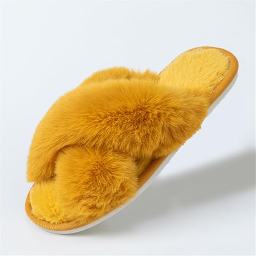 Image of Women's Cross Band Fuzzy Slippers Fluffy Open Toe House Slippers
