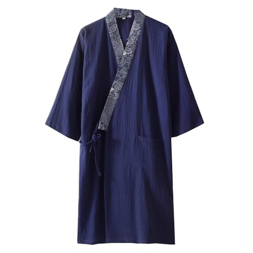 Cotton Traditional Hanfu Midi-length Nightdress Tie-belt Bathrobe Loose Breathable Pajamas Comfortable Nightgown Sweat Steaming Yukata Sauna Suit Sleepwear Kimono for Men X-Large(Navy)
