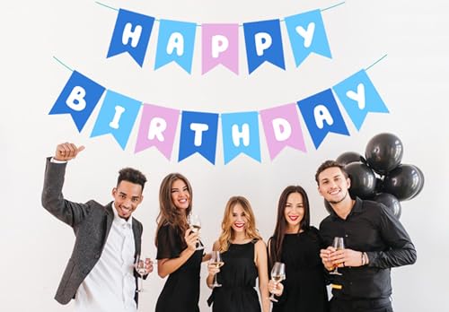 Image of ZHENGYE Blue Pink Happy Birthday Banner - Blue Theme Party Sign for Kids & Girls Birthday Decorations