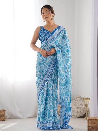 Image of Panzora Women's Chinon Printed Saree With Unstitched Blouse Piece