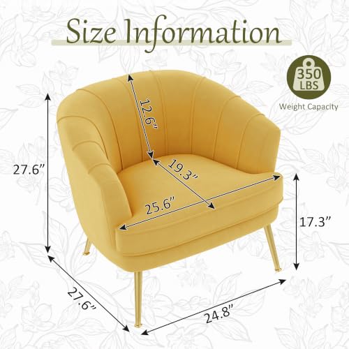 Image of Andeworld Velvet Accent Chair, Barrel Armchair, Yellow | Velvet Upholstery, Golden Metal Legs, Comfy Barrel Back, Modern Style, Living Room Bedroom Office