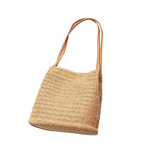 BESTYASH Knitted Bucket Bag Handmade Straw Shoulder Bag for Women Dark Beige Woven Beach Purse Versatile Lightweight Tote for Summer Outings and Travel