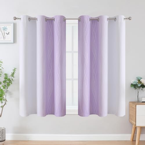 Estelar Textiler Lilac and Greyish White Ombre Blackout Curtains 45 Inch Length 2 Panels, Full Room Darkening Gradient Drapes for Kitchen, Thermal Insulated Grommet Short Curtains for Bathroom,42Wx45L