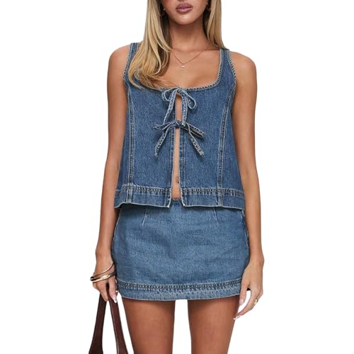 Women’s Two Piece Denim Outfits Sleeveless Tie-up Front Tops and Mini Skirt Set Clubwear
