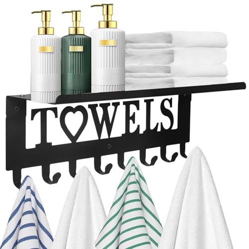Towel Rack with Shelf 8 Hooks Bathroom Towel Holder Metal Shelf Organizer Wall Mounted Storage for Towels Robes Clothes in Bathroom Hot Tub Kitchen Bedroom Home