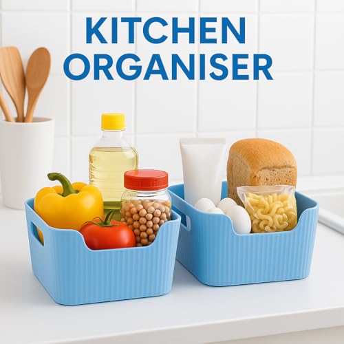 Image of Plastic Storage Box with Lid - Large Stackable Organizer Storage Box for Clothes, Toys, Kitchen - Big Size Plastic Storage Container Basket for Home, Office, Bathroom(Smal,Pack of 6,Blue)