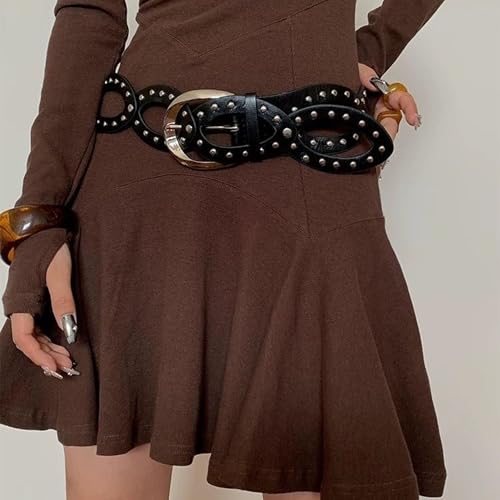 Women's Studded Leather Belt with Hollowed Out Circle Rivet Belt Punk Jeans y2k Belt4