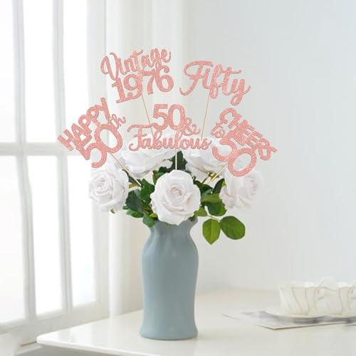 Image of 15 PCS 50th Birthday Centerpiece Sticks Fifty Happy 50 Vintage 1976 Table Flower Centerpieces Sticks Cheers to 50 Fabulous Floral Decorations 50th Birthday Party Centerpieces Supplies Rose Gold