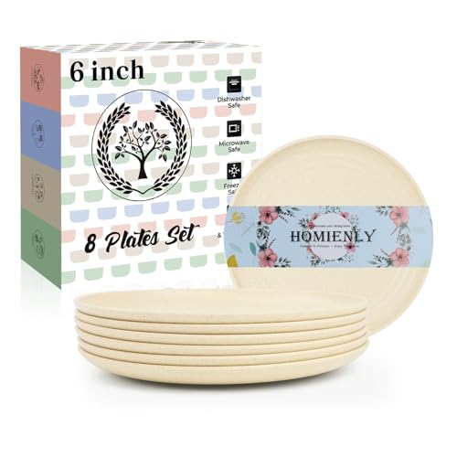 Image of Homienly Small Plates | 5.7 Inch Lightweight & Unbreakable Wheat Straw Plates | Mini Dessert Plate Set, Microwave & Dishwasher Safe Set of 8 -Beige