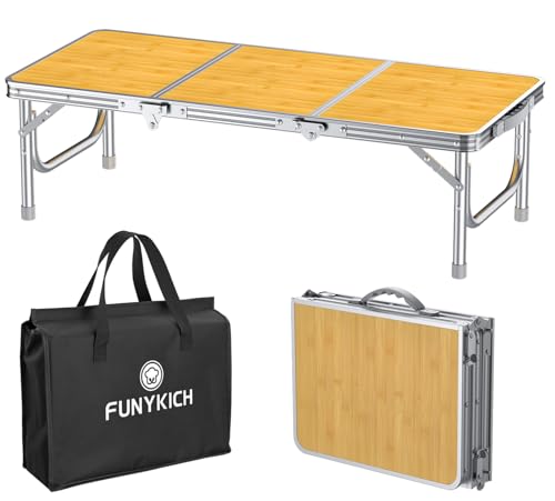 FUNYKICH Table de pique-nique basse pliante de 0,9 m (86,9 x 49,7 x 26,4 cm), pieds en aluminium épais avec poignée et sac de transport, petite table de...