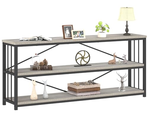 LVB Extra Long 3-Tier Sofa Table, Industrial Console Table with Storage Shelf, Modern Rustic Wood Metal Narrow Entryway Table, Skinny Behind Couch Table for Foyer Living Room Bedroom, Light Grey, 70In